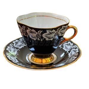 Vintage Windsor teacup & saucer set black & gold trim bone china Made in England
